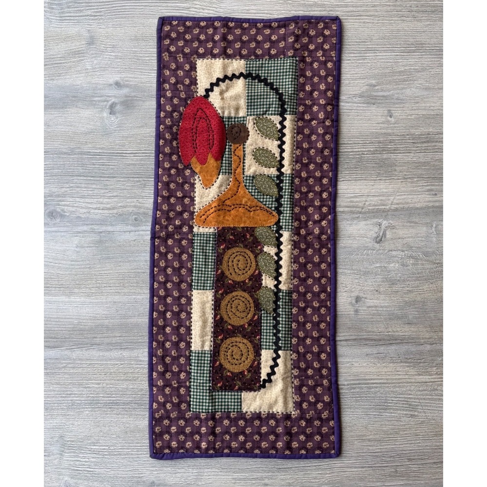 Vintage Handmade Quilted Table Runner Wall Hanging Folk Art Patchwork Grannycore
